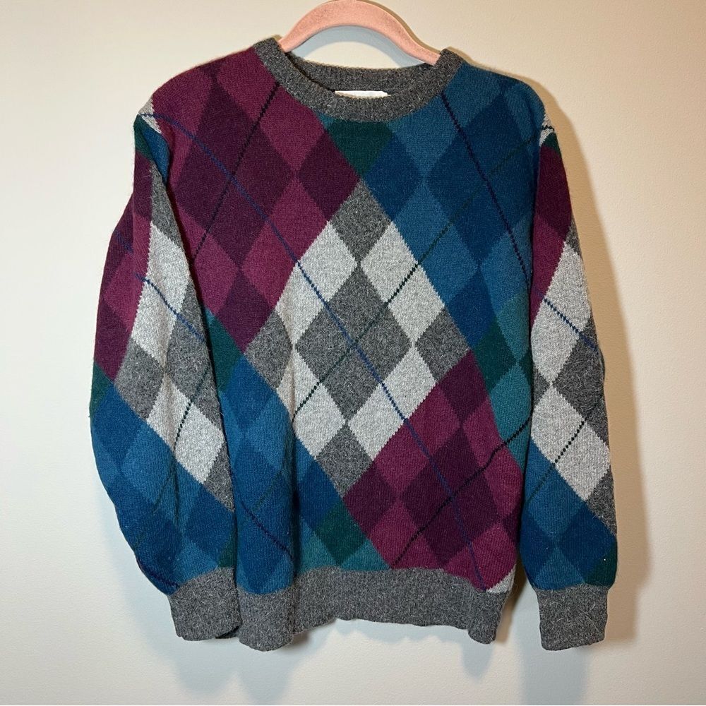 Vintage JH Collectibles Angora Wool‎ Blend Argyle Sweater Blue Gray Grandpa S